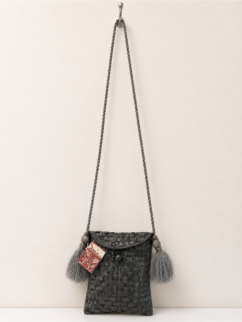 Silver Silk Crossbody Bag Basket Weave Rope Strap Tassle Evening Cocktail NWT - Picture 3 of 9